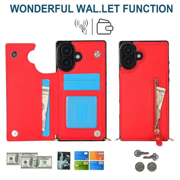 For iPhone 16 Cross-body Zipper Square Phone Case(Red)