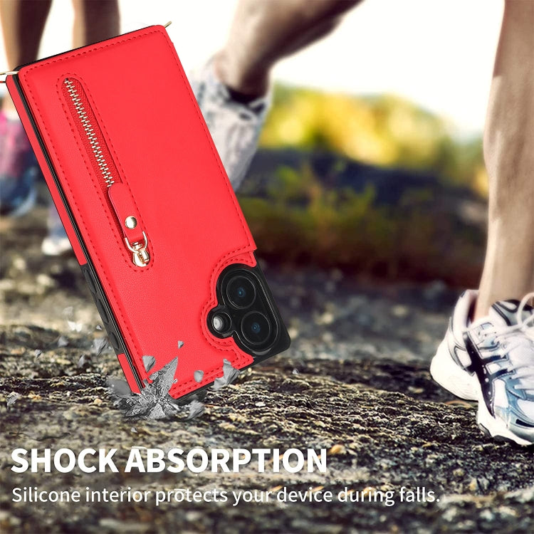 For iPhone 16 Cross-body Zipper Square Phone Case(Red)