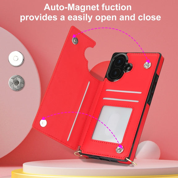 For iPhone 16 Cross-body Zipper Square Phone Case(Red)