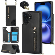 For iPhone 16 Cross-body Zipper Square Phone Case(Black)
