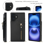 For iPhone 16 Cross-body Zipper Square Phone Case(Black)