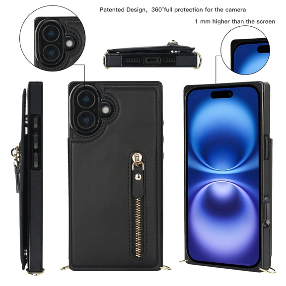 For iPhone 16 Cross-body Zipper Square Phone Case(Black)