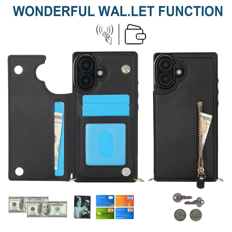 For iPhone 16 Cross-body Zipper Square Phone Case(Black)