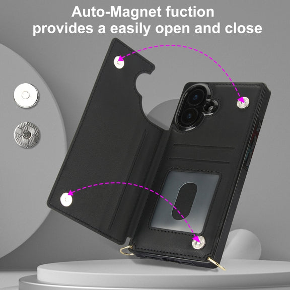 For iPhone 16 Cross-body Zipper Square Phone Case(Black)