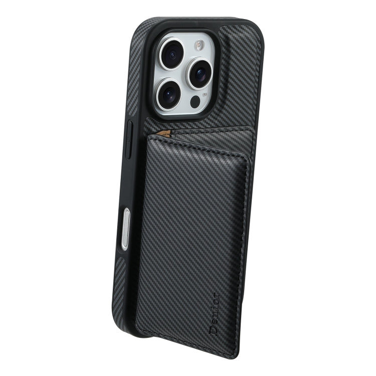 For iPhone 16 Pro Max Denior Carbon Fiber Texture Leather Card Bag MagSafe Phone Case(Black)