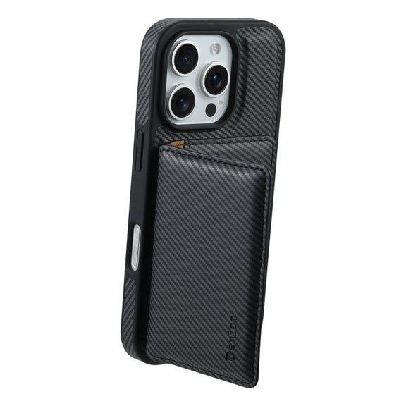 For iPhone 16 Pro Max Denior Carbon Fiber Texture Leather Card Bag MagSafe Phone Case(Black)