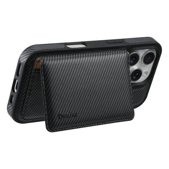 For iPhone 16 Pro Max Denior Carbon Fiber Texture Leather Card Bag MagSafe Phone Case(Black)