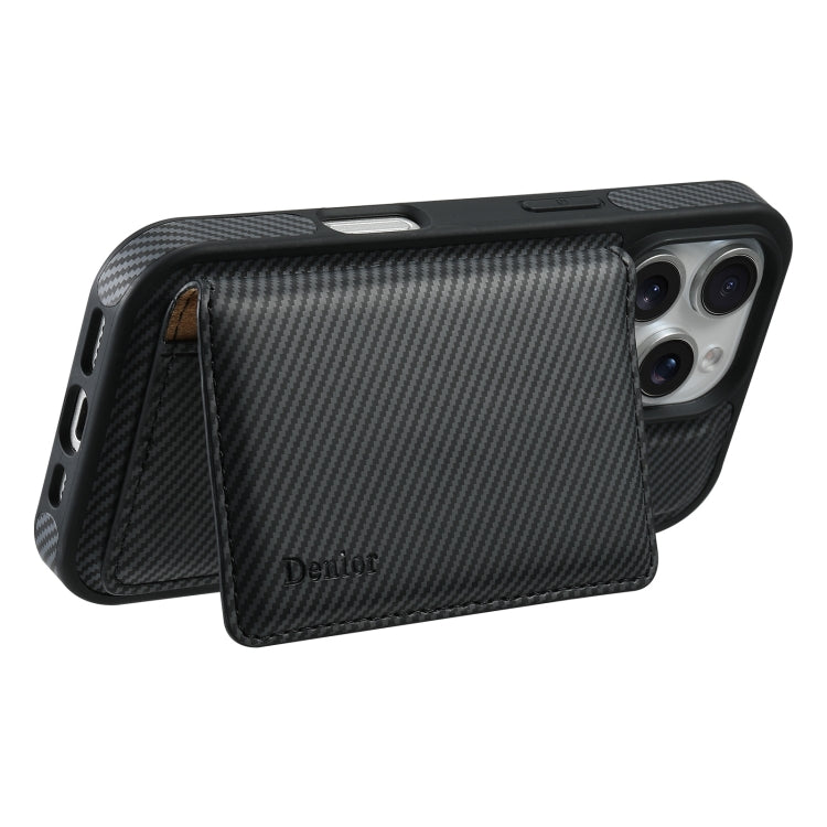 For iPhone 16 Pro Max Denior Carbon Fiber Texture Leather Card Bag MagSafe Phone Case(Black)