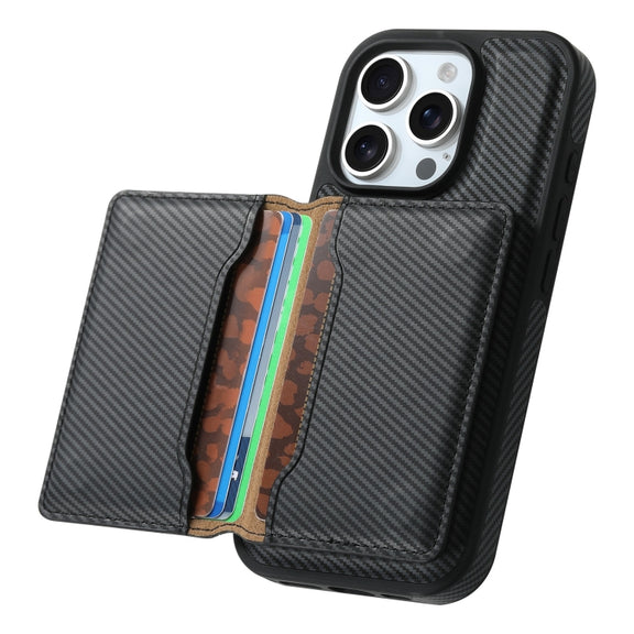 For iPhone 16 Pro Max Denior Carbon Fiber Texture Leather Card Bag MagSafe Phone Case(Black)