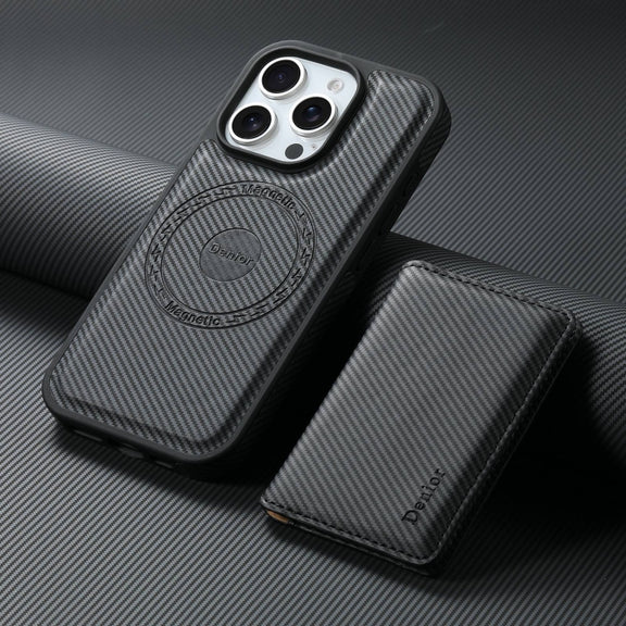 For iPhone 16 Pro Max Denior Carbon Fiber Texture Leather Card Bag MagSafe Phone Case(Black)