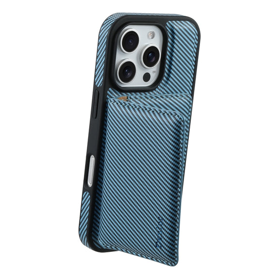 For iPhone 16 Pro Max Denior Carbon Fiber Texture Leather Card Bag MagSafe Phone Case(Blue)