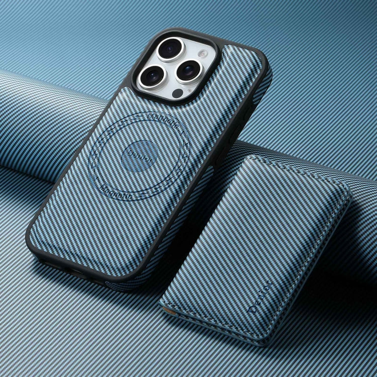 For iPhone 16 Pro Max Denior Carbon Fiber Texture Leather Card Bag MagSafe Phone Case(Blue)