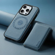 For iPhone 16 Pro Max Denior Carbon Fiber Texture Leather Card Bag MagSafe Phone Case(Blue)