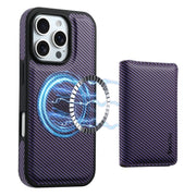 For iPhone 16 Pro Max Denior Carbon Fiber Texture Leather Card Bag MagSafe Phone Case(Purple)