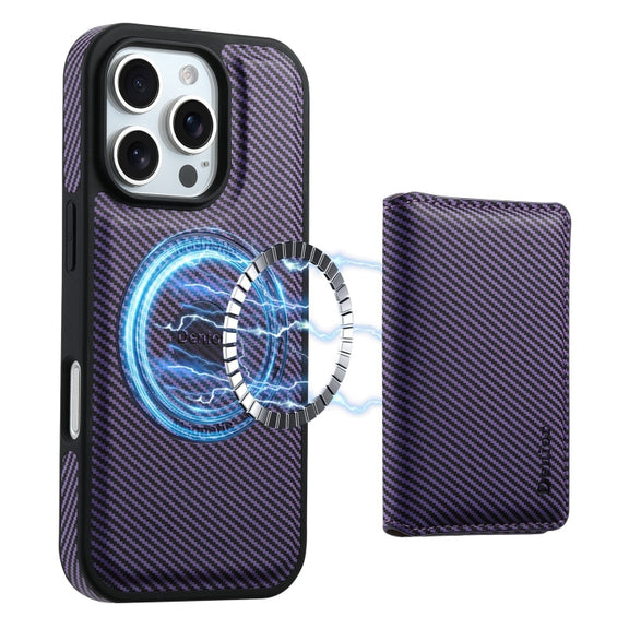 For iPhone 16 Pro Max Denior Carbon Fiber Texture Leather Card Bag MagSafe Phone Case(Purple)