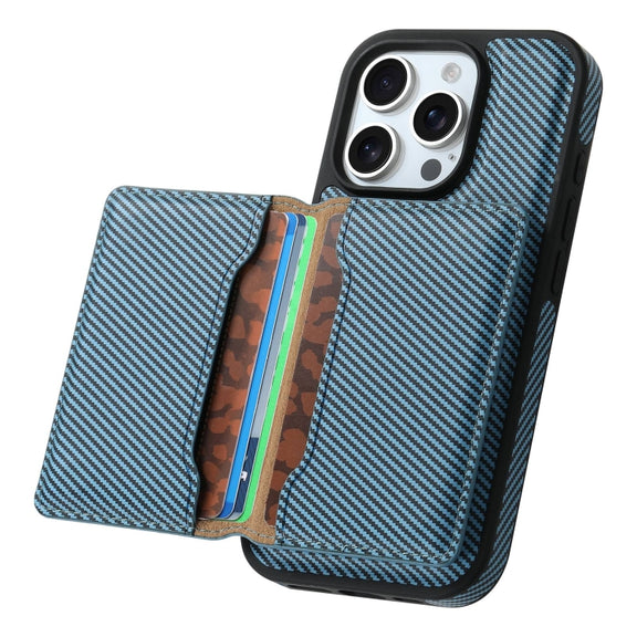 For iPhone 16 Pro Denior Carbon Fiber Texture Leather Card Bag MagSafe Phone Case(Blue)