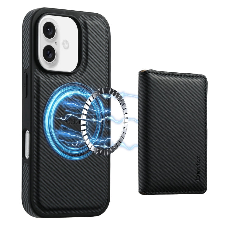 For iPhone 16 Denior Carbon Fiber Texture Leather Card Bag MagSafe Phone Case(Black)