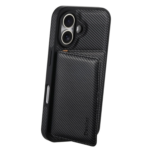 For iPhone 16 Denior Carbon Fiber Texture Leather Card Bag MagSafe Phone Case(Black)