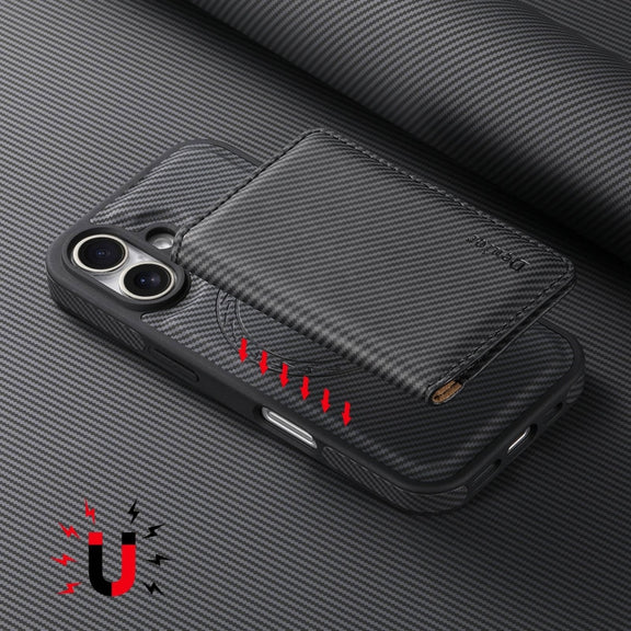 For iPhone 16 Denior Carbon Fiber Texture Leather Card Bag MagSafe Phone Case(Black)
