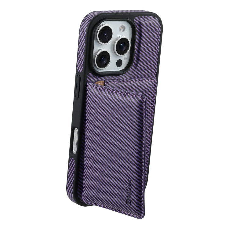 For iPhone 16 Denior Carbon Fiber Texture Leather Card Bag MagSafe Phone Case(Purple)
