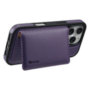 For iPhone 16 Denior Carbon Fiber Texture Leather Card Bag MagSafe Phone Case(Purple)