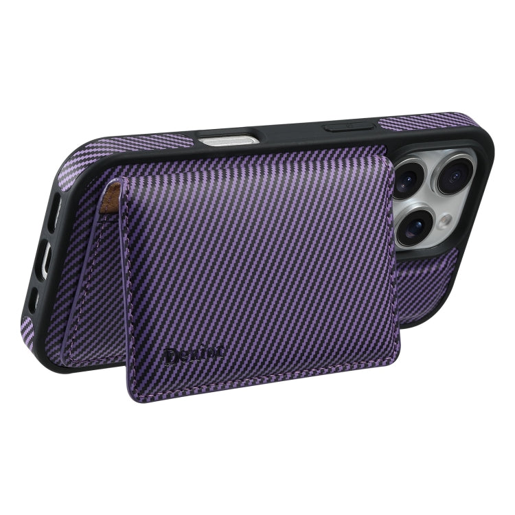 For iPhone 16 Denior Carbon Fiber Texture Leather Card Bag MagSafe Phone Case(Purple)