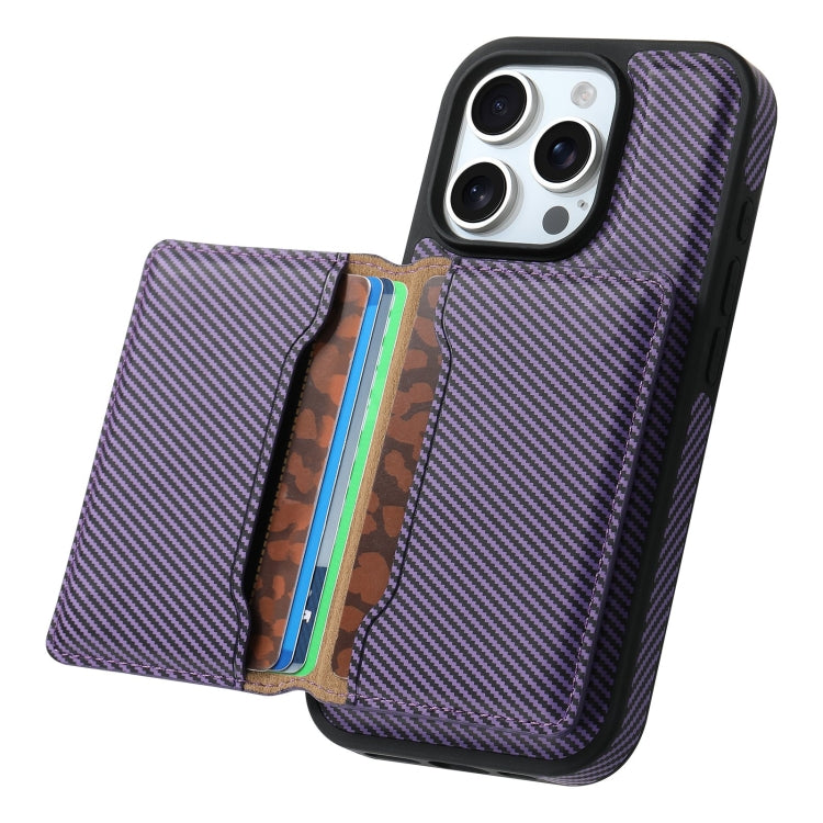 For iPhone 16 Denior Carbon Fiber Texture Leather Card Bag MagSafe Phone Case(Purple)