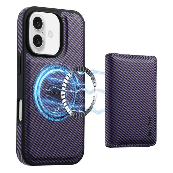 For iPhone 16 Denior Carbon Fiber Texture Leather Card Bag MagSafe Phone Case(Purple)