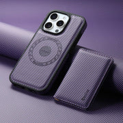 For iPhone 16 Denior Carbon Fiber Texture Leather Card Bag MagSafe Phone Case(Purple)