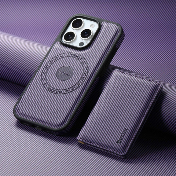 For iPhone 16 Denior Carbon Fiber Texture Leather Card Bag MagSafe Phone Case(Purple)