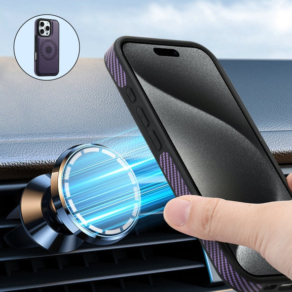 For iPhone 16 Pro Max Denior Carbon Fiber Texture Leather MagSafe Phone Case(Purple)