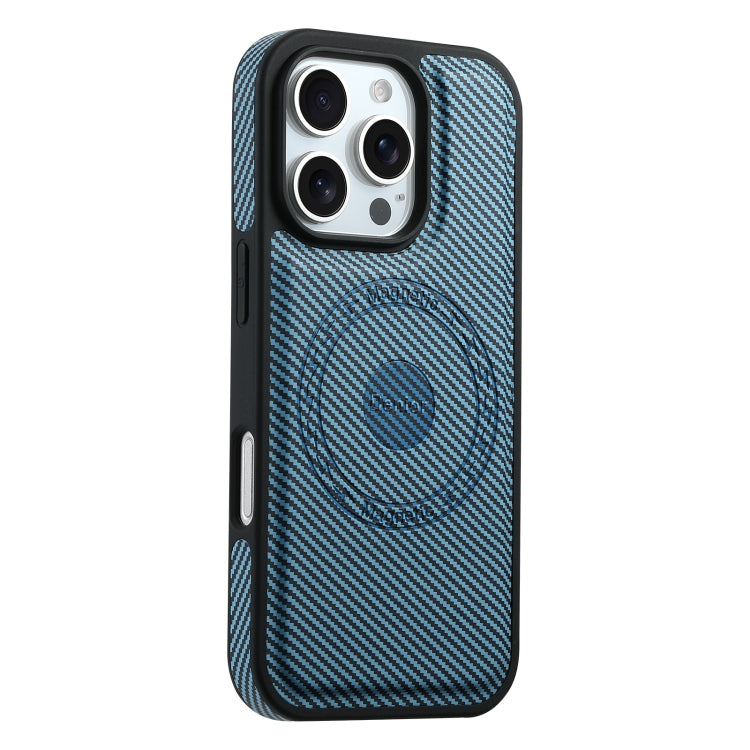 For iPhone 16 Pro Denior Carbon Fiber Texture Leather MagSafe Phone Case(Blue)