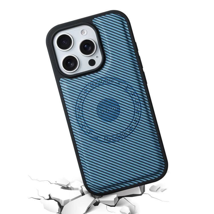 For iPhone 16 Pro Denior Carbon Fiber Texture Leather MagSafe Phone Case(Blue)