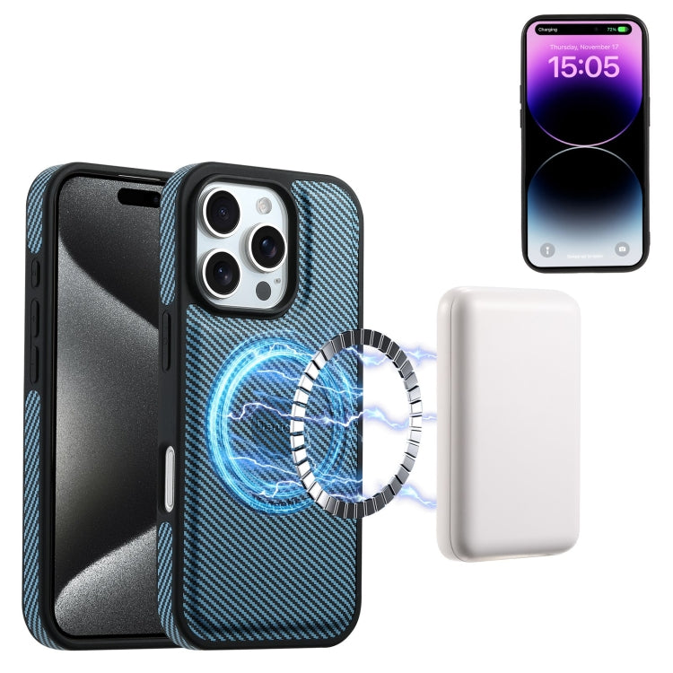 For iPhone 16 Pro Denior Carbon Fiber Texture Leather MagSafe Phone Case(Blue)