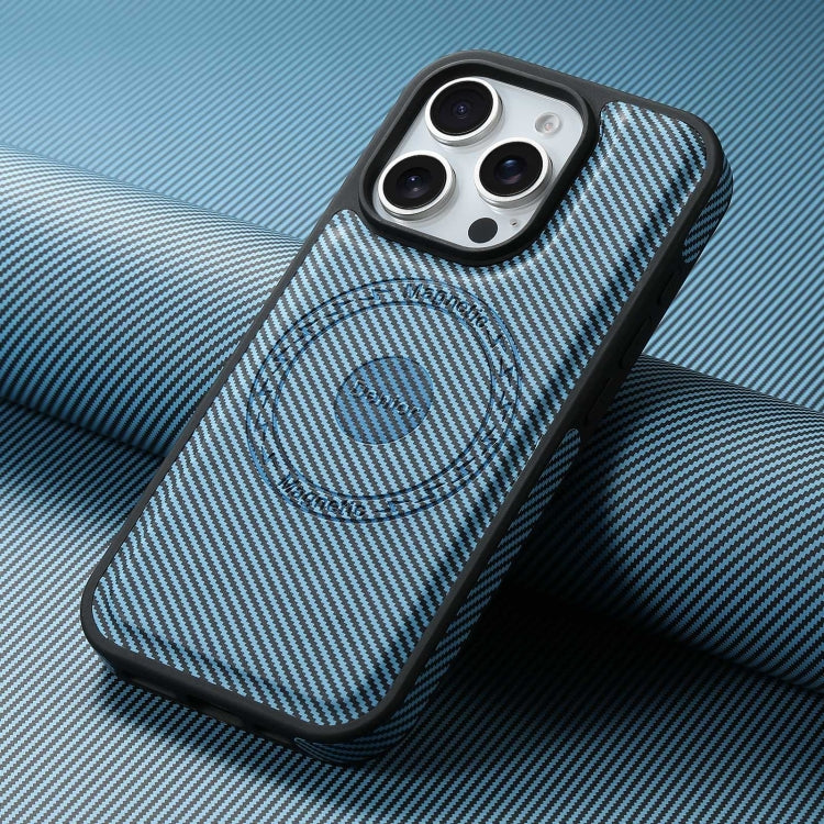 For iPhone 16 Pro Denior Carbon Fiber Texture Leather MagSafe Phone Case(Blue)