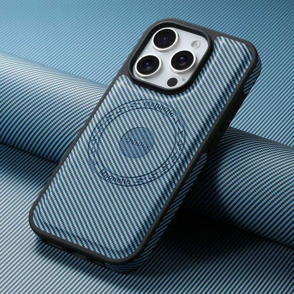 For iPhone 16 Pro Denior Carbon Fiber Texture Leather MagSafe Phone Case(Blue)