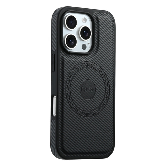 For iPhone 16 Plus Denior Carbon Fiber Texture Leather MagSafe Phone Case(Black)