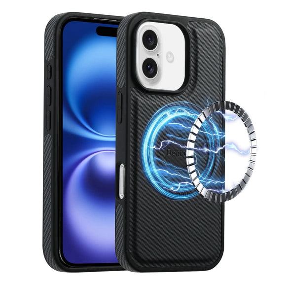 For iPhone 16 Plus Denior Carbon Fiber Texture Leather MagSafe Phone Case(Black)
