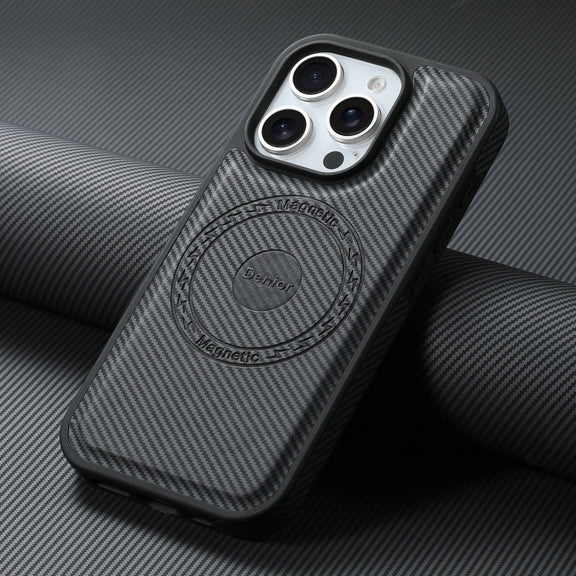 For iPhone 16 Plus Denior Carbon Fiber Texture Leather MagSafe Phone Case(Black)