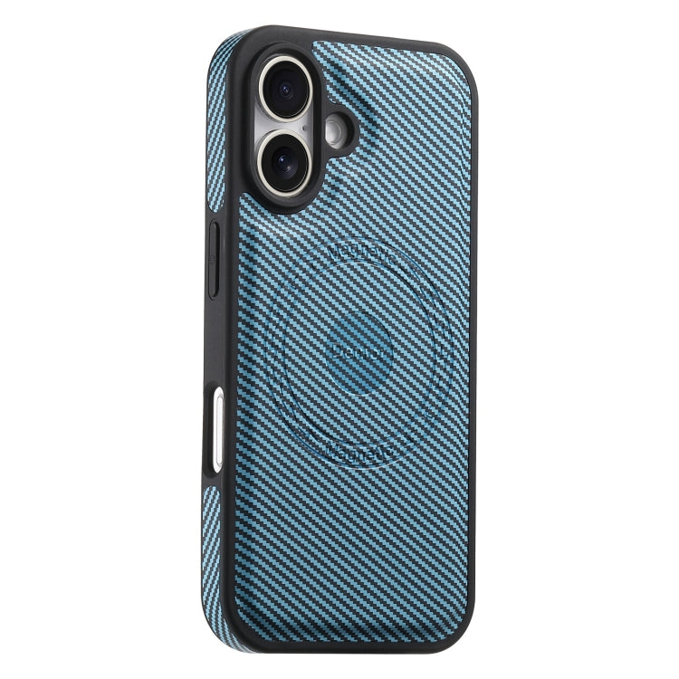For iPhone 16 Plus Denior Carbon Fiber Texture Leather MagSafe Phone Case(Blue)