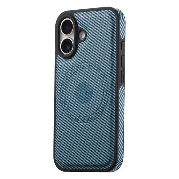 For iPhone 16 Plus Denior Carbon Fiber Texture Leather MagSafe Phone Case(Blue)