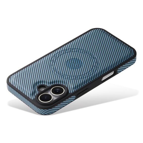 For iPhone 16 Plus Denior Carbon Fiber Texture Leather MagSafe Phone Case(Blue)