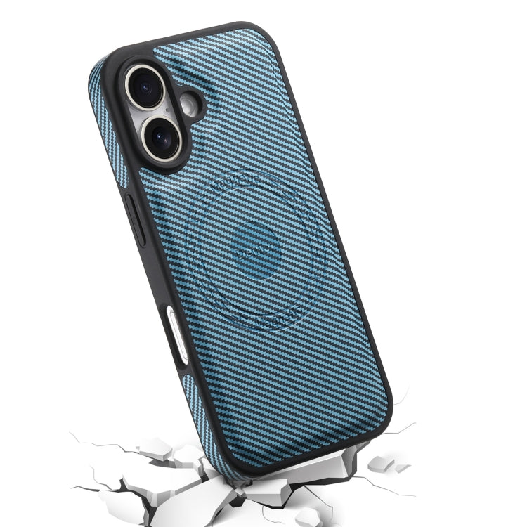 For iPhone 16 Plus Denior Carbon Fiber Texture Leather MagSafe Phone Case(Blue)
