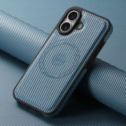 For iPhone 16 Plus Denior Carbon Fiber Texture Leather MagSafe Phone Case(Blue)