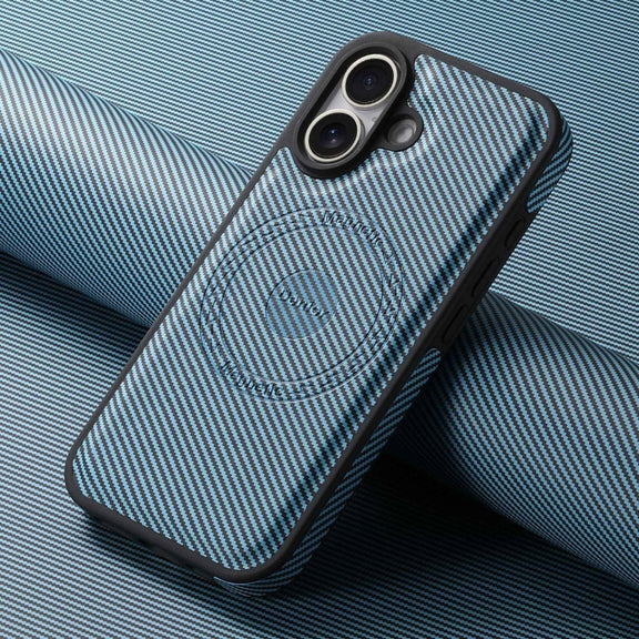 For iPhone 16 Plus Denior Carbon Fiber Texture Leather MagSafe Phone Case(Blue)