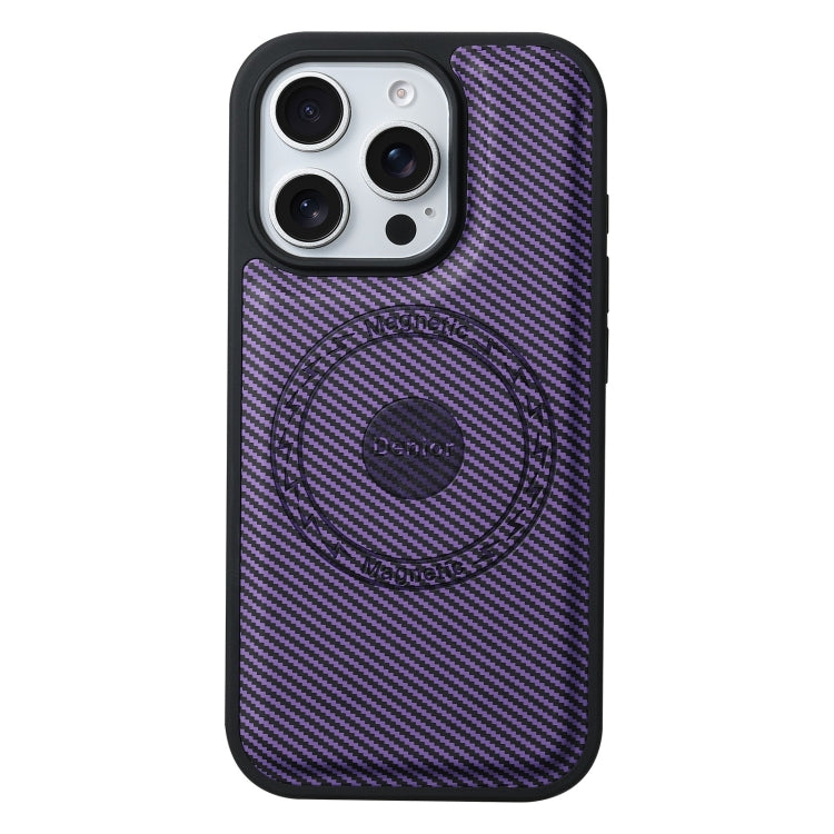 For iPhone 16 Plus Denior Carbon Fiber Texture Leather MagSafe Phone Case(Purple)