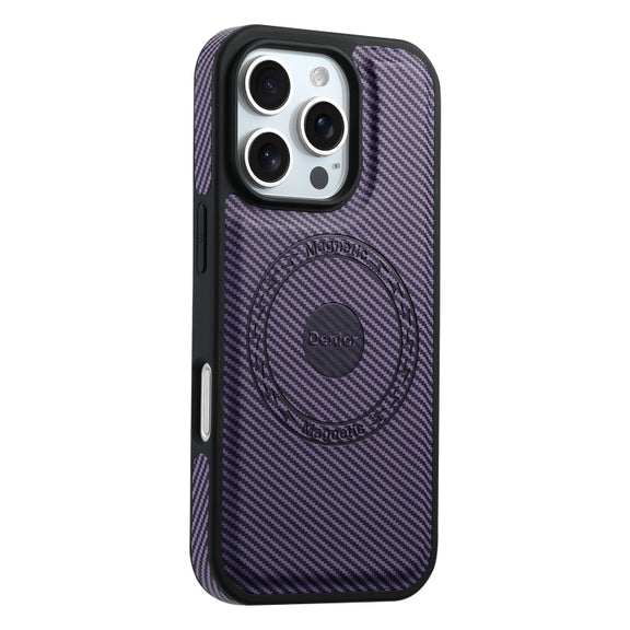 For iPhone 16 Plus Denior Carbon Fiber Texture Leather MagSafe Phone Case(Purple)