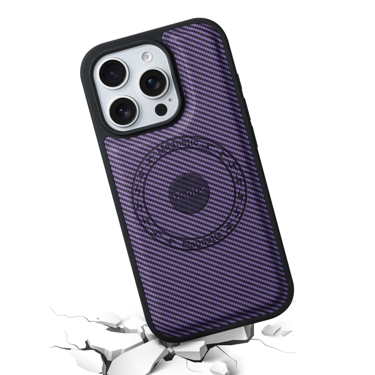 For iPhone 16 Plus Denior Carbon Fiber Texture Leather MagSafe Phone Case(Purple)