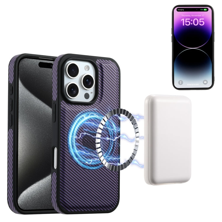 For iPhone 16 Plus Denior Carbon Fiber Texture Leather MagSafe Phone Case(Purple)