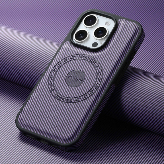 For iPhone 16 Plus Denior Carbon Fiber Texture Leather MagSafe Phone Case(Purple)